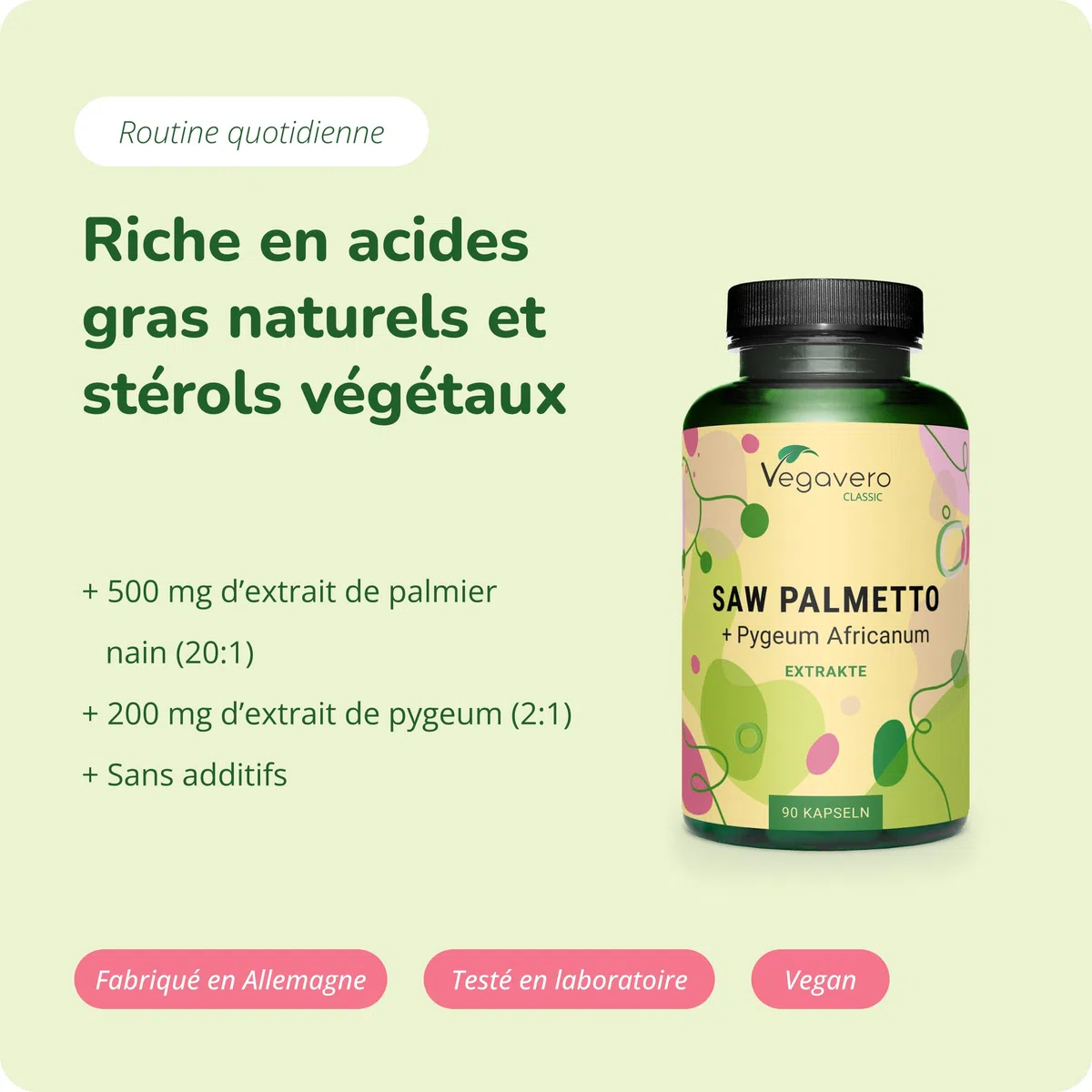 Saw Palmetto 10000 mg | Avec Pygeum Africanum | Extraits Fortement Dosé | 45% Acides Gras & 10% Stérols | Prostate & Confort Urinaire Homme | VEGAN & Sans Additifs | 90 Gélules | Vegavero®