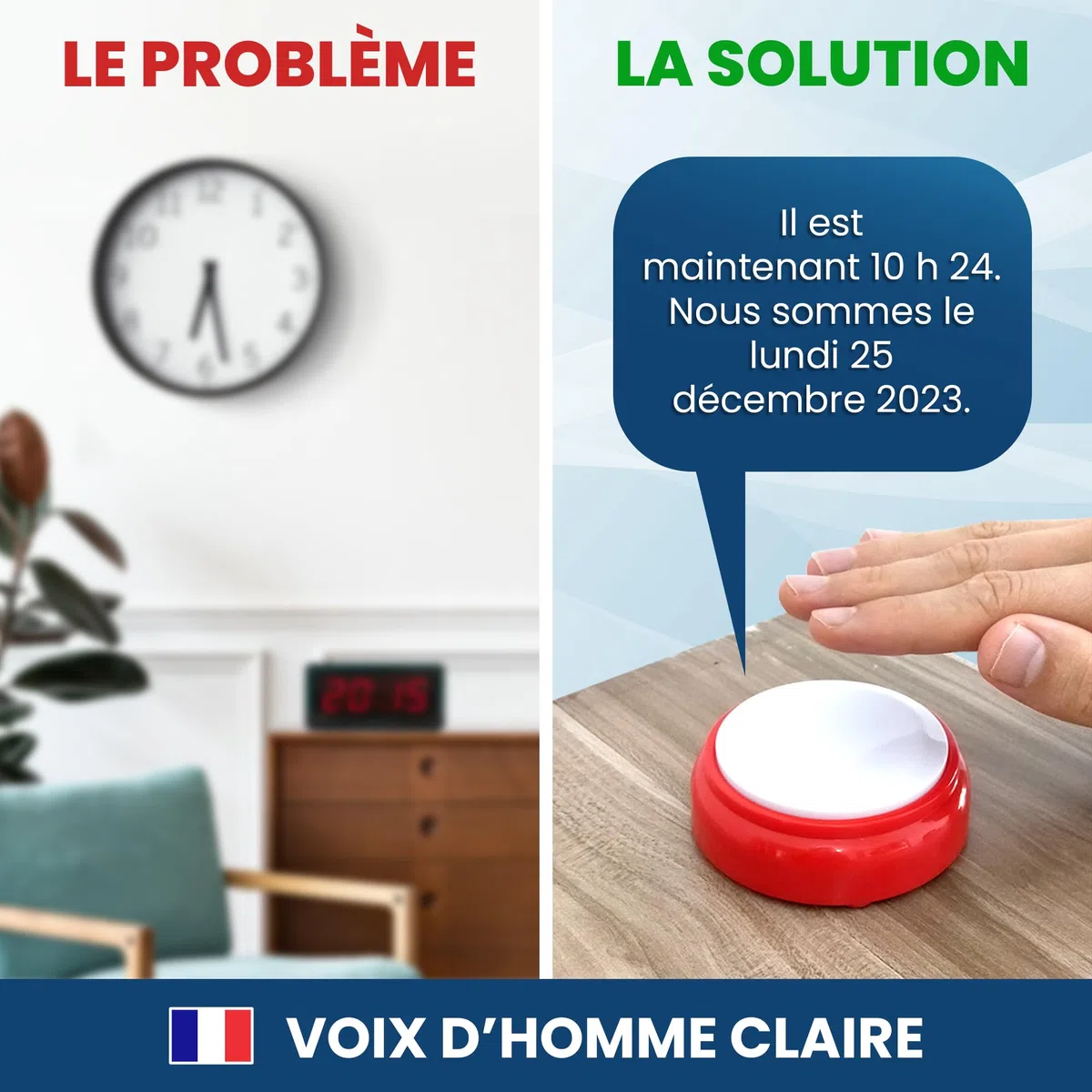 Horloge Parlante Française pour Alzheimer, Malvoyants ou Personnes Agées | Réveil Parlant pour Aveugle, Simple à Régler- Voix Française - Idée Cadeau Grand Parents, Père, Mère - Réveil Alarme Senior