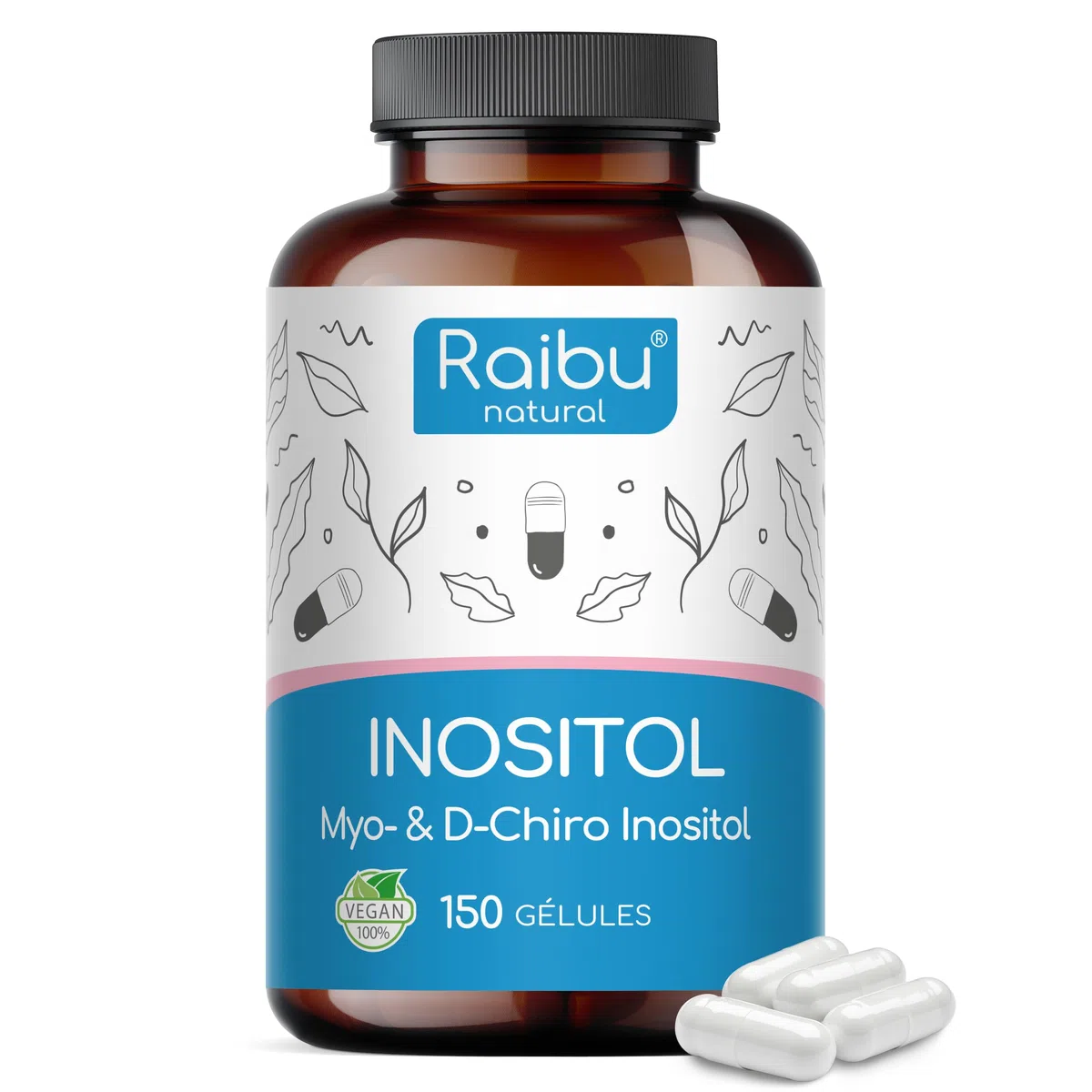 Inositol, Myo Inositol & D-Chiro, 150 Gélules - SOPK & Équilibre Féminin, Avec Vitamine B6, Acide Folique et Chrome - Naturel, Sans Additifs et Végan - Raibu