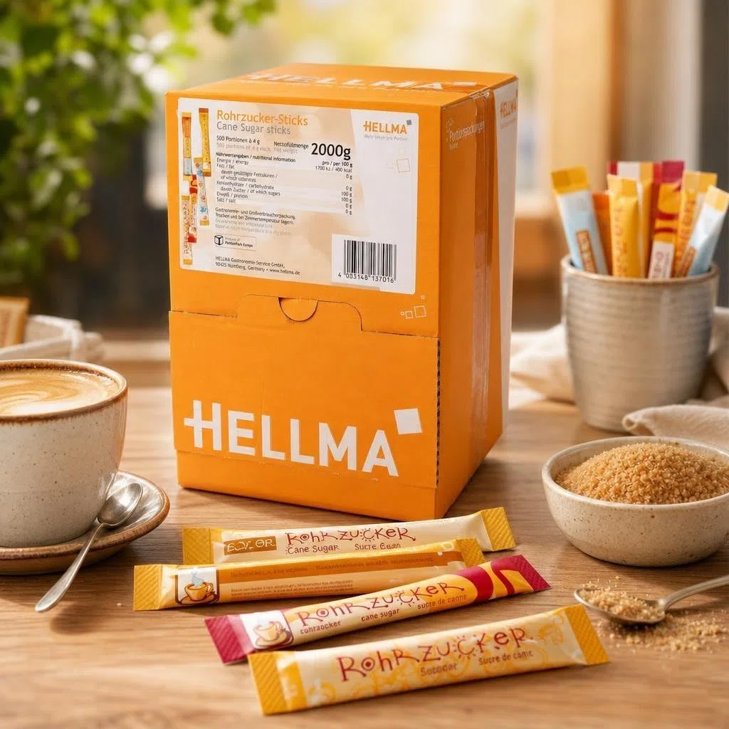 HELLMA Sticks de sucre de canne, dans pr‚sentoir emballage unitaire contenu: 500 piŠces de 4 g (40013701/ 60000084)