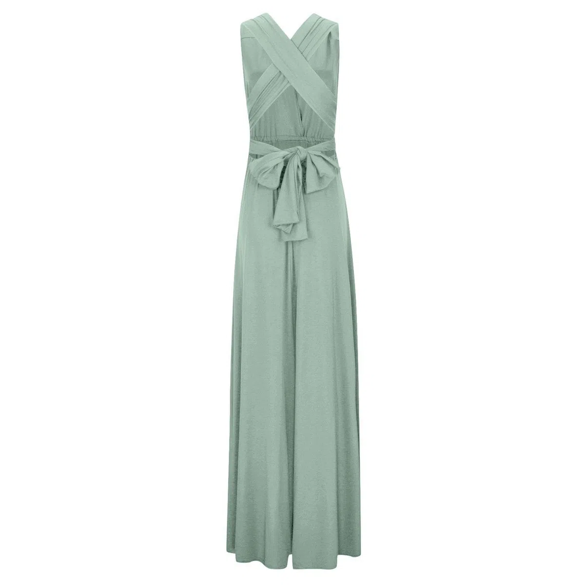 Generisch Robe maxi pour femme avec col en V en vert sauge - Robe de soirée sans manches avec taille empire - Élégante robe d'été longue au sol