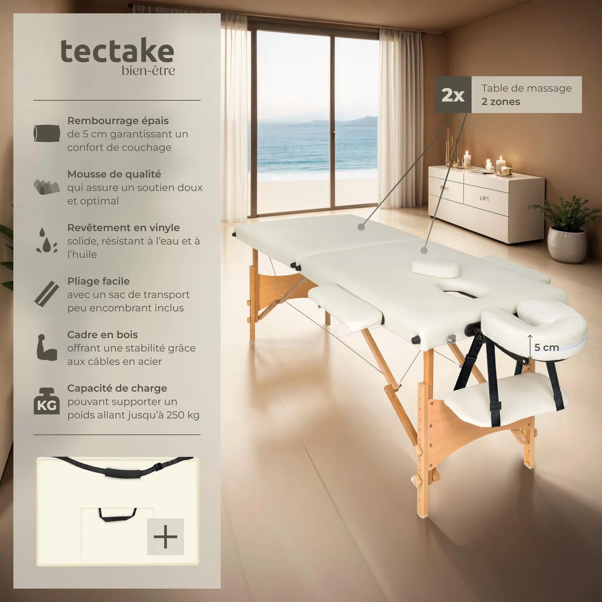 tectake Table de Massage 2 Zones Pliante Cosmetique Lit de Massage Table Esthetique Tatouage Portable avec Repose Bras, Housse de Transport Incluse - Beige