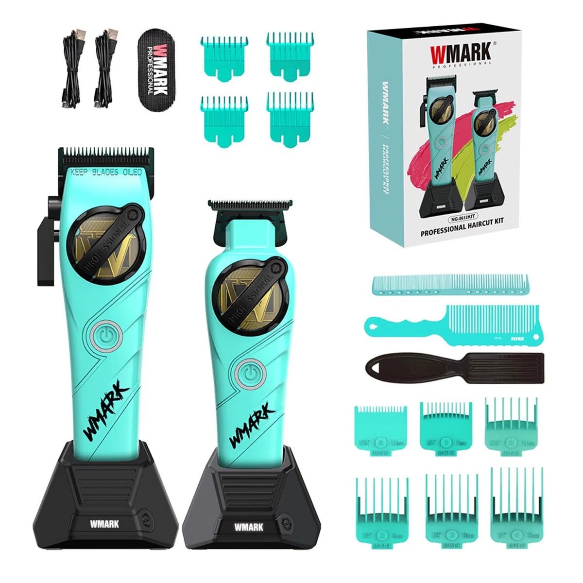 WMARK Kit de coupe professionnel 2 pièces pour barbier : tondeuse haute vitesse (7500/8500 tr/min) et tondeuse de précision (6500/7500 tr/min), lames en céramique, batteries rechargeables aux ions de