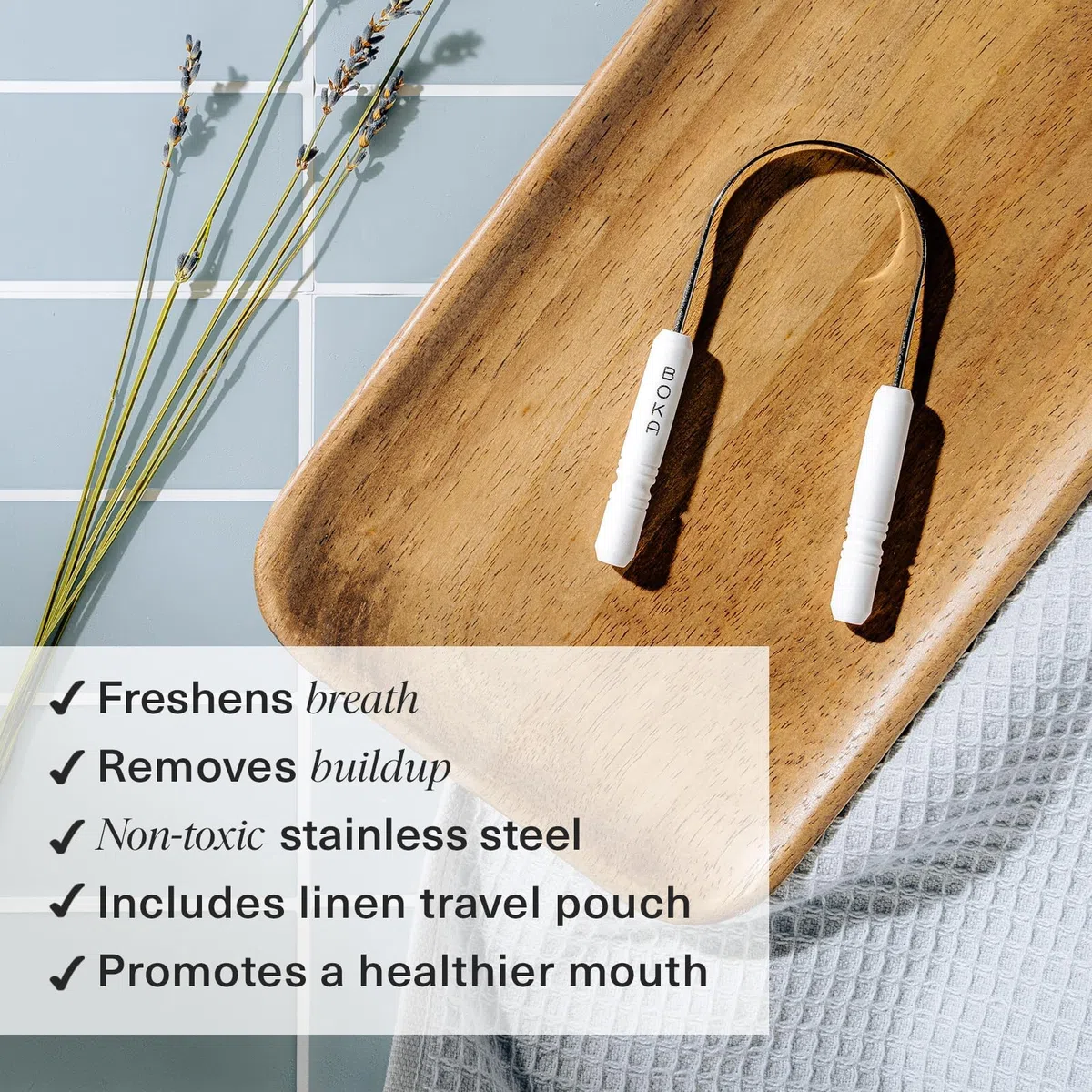 Boka Gratte-langue pour adultes et enfants avec étui – Nettoyeur de langue en acier inoxydable avec pochette de voyage en lin – Brosse pour enlever l'accumulation de langue et rafraîchir l'haleine