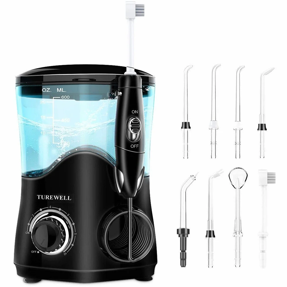 TUREWELL Hydropulseur Jet Dentaire avec 8 buses multifonctions, capacité de 600ml, 10 réglages de pression d'eau, approuvé FDA/CE Irrigateur Oral professionnel (Noir)