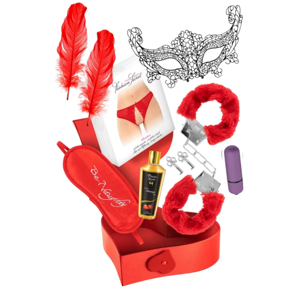 Coffret Coquin Saint-Valentin – Cadeau Romantique et Sensuel pour Couples – Idée Originale pour Soirée en Amoureux-menotte fourrure-lingerie sexy-vibromasseur-huile sensuelle - cadeau pour elle