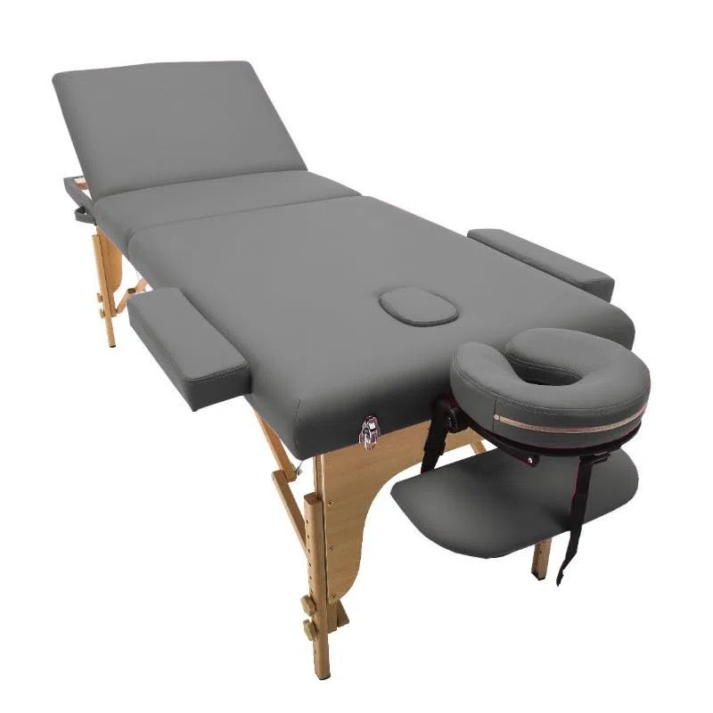 PLUS SANTE Table de Massage Pliante en Bois MIA Noir, Ivoire, Gris, Bleu, Rose, 60 ou 70cm, 3 Plans légère avec Sac de Transport et Accessoires (Gris, Largeur 60 cm)