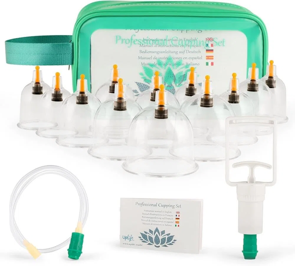 Uplife Kit de 12 Grandes Ventouses Chinoises Anti Cellulite à bord plat et incurvé + Corde Extension. Set d'Aspiration Cupping Hijama. Soulager Douleur Fatigue. Manuel d'instructions en Français