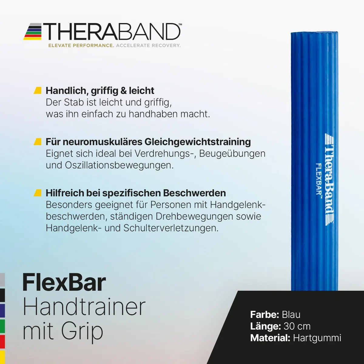 Theraband FlexBar, Barre de Résistance, Soulagement de la Douleur Pour Blessure au Coude de Tennis, Rééducation et Thérapie Aprés Blessure, Bleu, Débutant