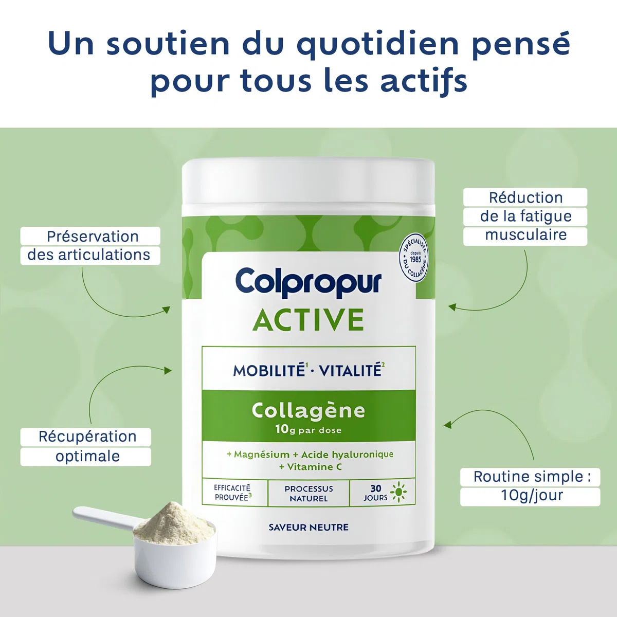 Collagène Poudre + Acide Hyaluronique - Récupération Active - Articulations | Colpropur Active, saveur neutre, 30 doses 10 g, collagène type I et II, magnésium, vitamine C, acide hyaluronique, sans sucre