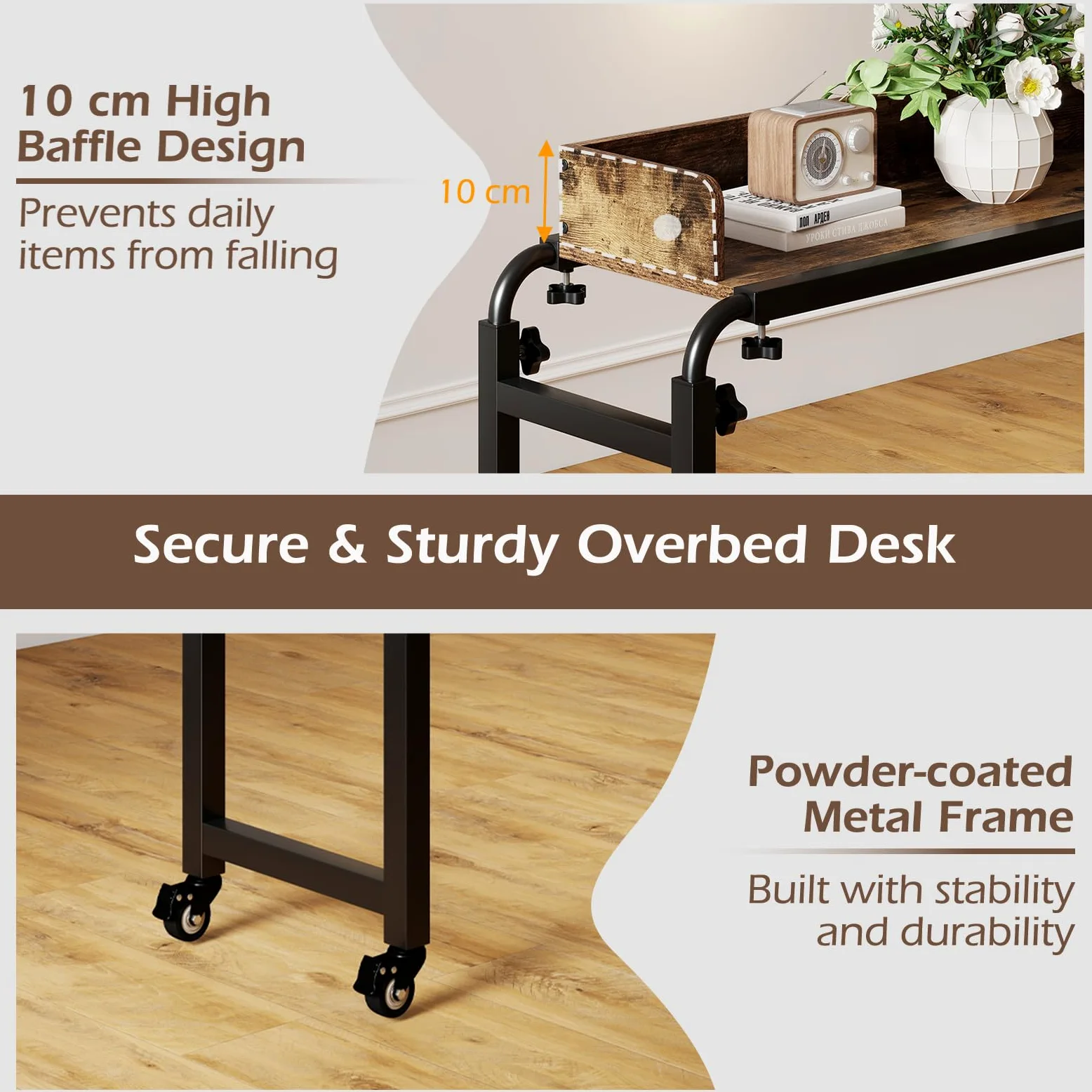 LIFEZEAL Table de lit à roulettes 117 x 35 cm, Table d'appoint pour Ordinateur Portable Polyvalente réglable, Bureau sur Le lit avec Hauteur et Largeur modifiables, Compatible avec Plusieurs Lits