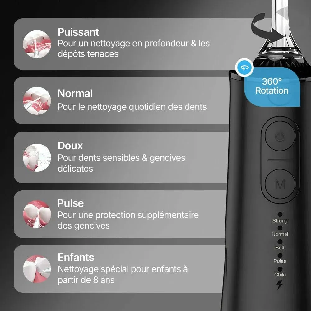 Hydropulseur sans fil pour un soin dentaire & buccal optimal / 5 modes & 4 embouts/Réservoir de 300 ml/Étanchéité IPX7 / Jet dentaire pour gencives(Blanc)