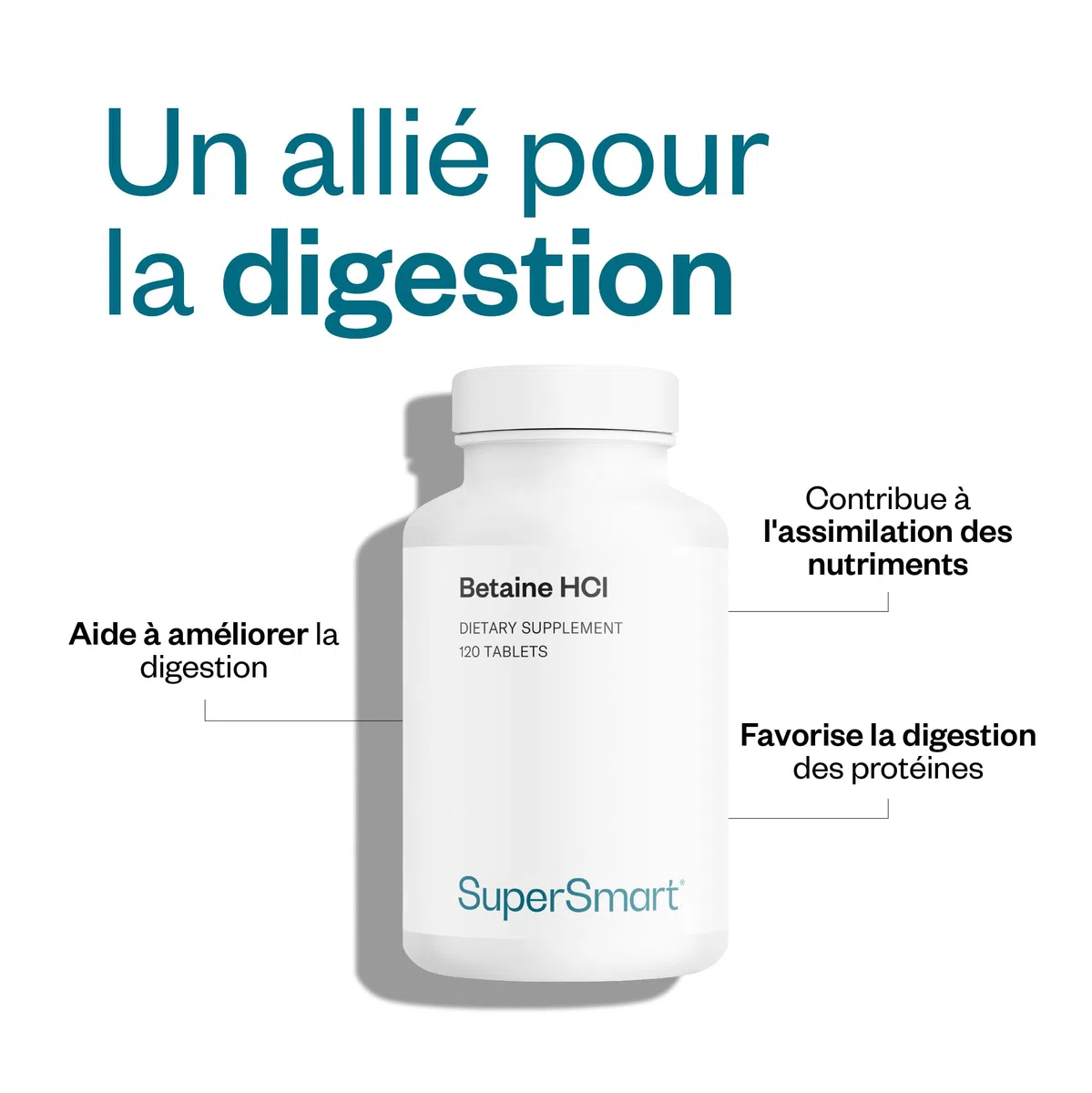 Betaine HCI - Aide à la Digestion, à l’Absorption des Nutriments, à la Détoxication et à la Baisse d’Acidité Gastrique - Acidifiant Gastrique Naturel - Vegan - SuperSmart