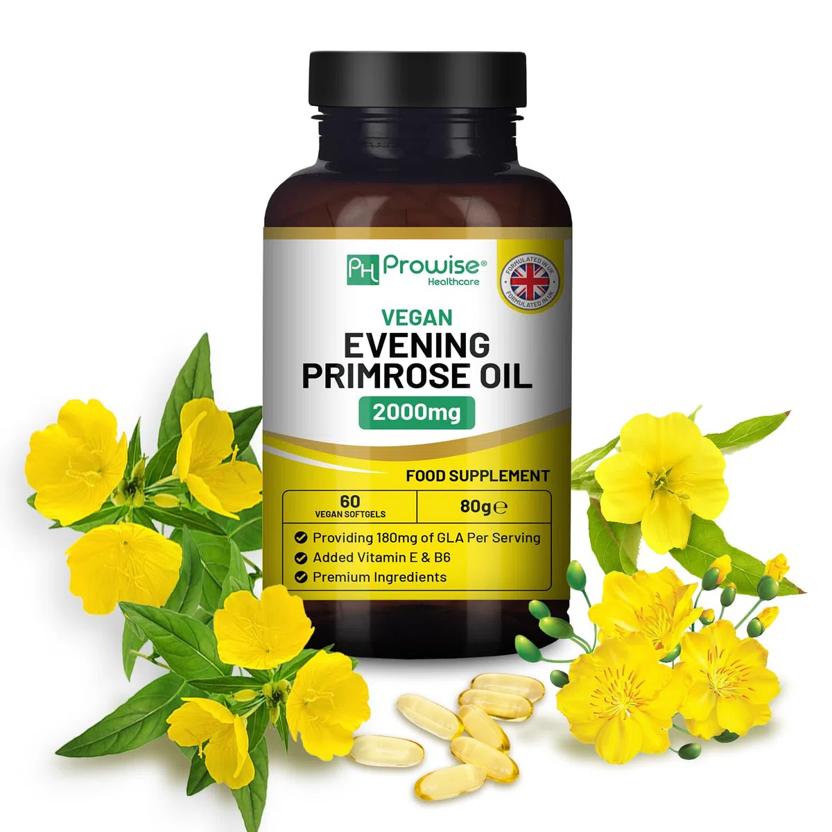 Huile d'onagre végétalienne 2000 mg avec vitamine E et B6 – 60 gélules molles végétaliennes | 180 mg de GLA par capsule I Santé des femmes I Qualité supérieure I par Prowise Healthcare