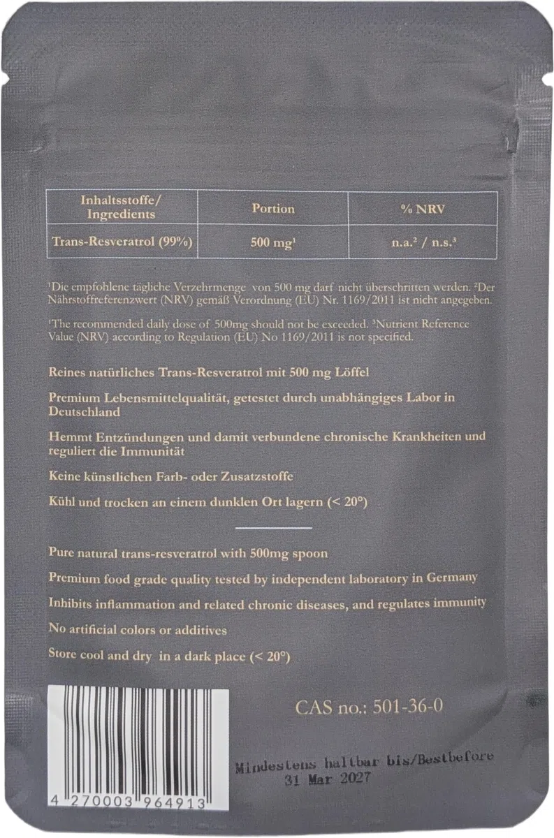 Resvératrol | Qualité supérieure certifiée en Allemagne | Poudre avec 99,3 % de pureté