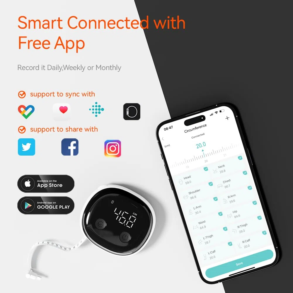 Mètre Ruban Connecté Premium – Affichage LED HD, Rechargeable USB, Précision 0,1 cm – App Mobile Fitdays – Mesure Corps, Sport & Fitness (Biceps, Taille, Hanches, Cuisses, Mollets…)
