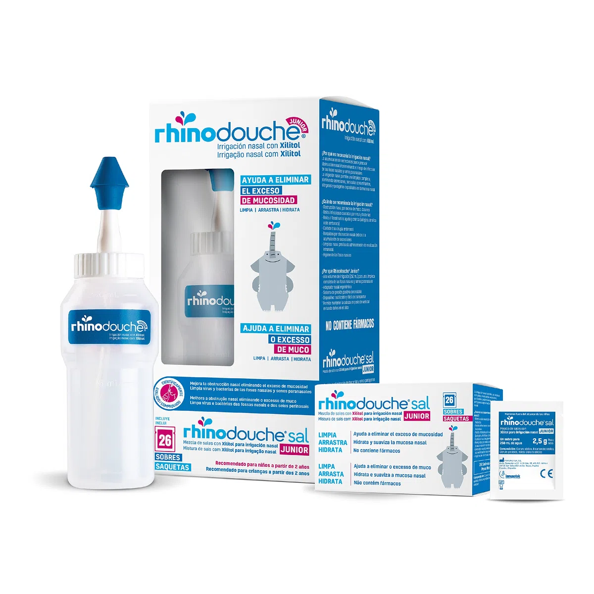 RHINODOUCHE Urgo Junior Nasal Wash Starter Pack contient 250 ml de fil dentaire nasal + 26 sachets de 2,5 g contenant un mélange de sel de xylitol.