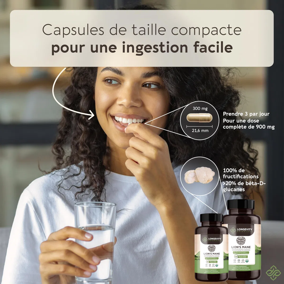 Gélules Crinière de Lion (Lion’s Mane) x120 | Extrait Puissant 8:1 de Champignon Corps Fructifère Pur | 20% Bêta-D Glucanes | Équivalent Brut 7200mg par Portion | Soutien Mémoire Intestin & Cerveau