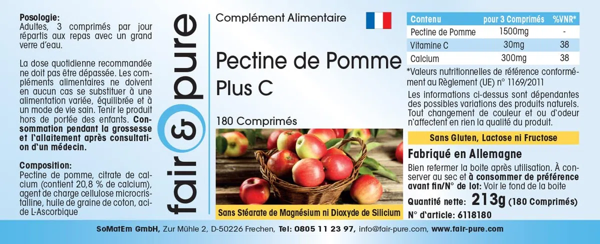 Fair & Pure® - Pectine de Pomme Plus C et calcium - Végan - fibres naturelles - 180 comprimés - emballage pour 2 mois