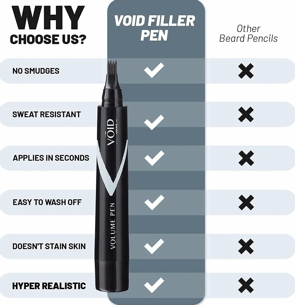 VOID Homme - Stylo de volume de barbe, anti-transpiration et imperméable, stylo de remplissage de barbe anti-taches pour un look naturel (Noir)