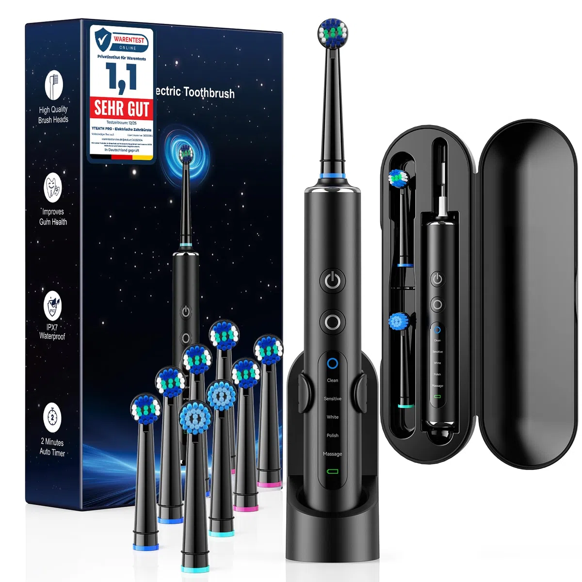 Brosse à Dents Électrique Rotative Pour Adultes et Enfant, 3 Intensités 5 Modes, Brosse à Dent Électrique avec 8 Têtes de Brosse, Étui de Voyage, Étanche IPX7, Batterie 120 Jours(Noir Profond)