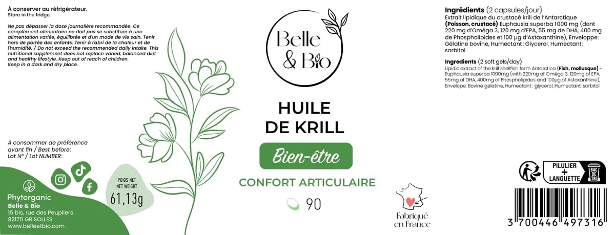 ARTICULATIONS & CONFORT ARTICULAIRE – Huile de Krill 500 mg/Capsule – 90 Capsules – Complément Alimentaire BELLE&BIO – Fabriqué en France
