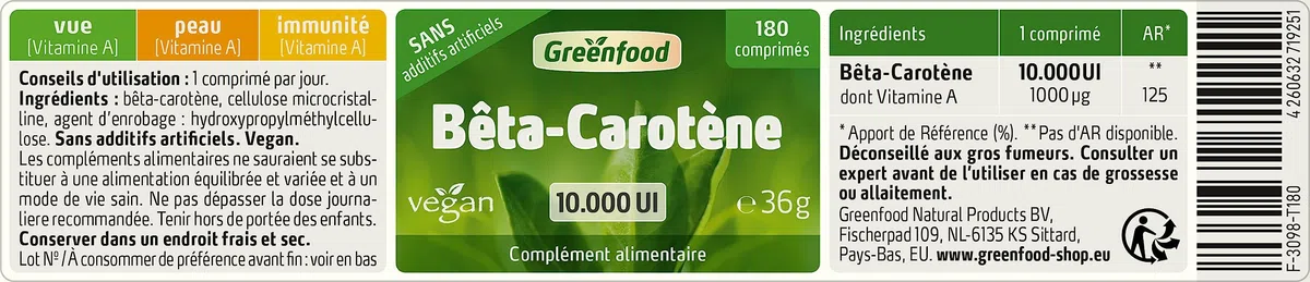Greenfood Bêta-carotène 10.000 UI, 180 comprimés, Sans additifs artificiels. Sans OGM.Sans lactose. Sans gluten. Vegan.