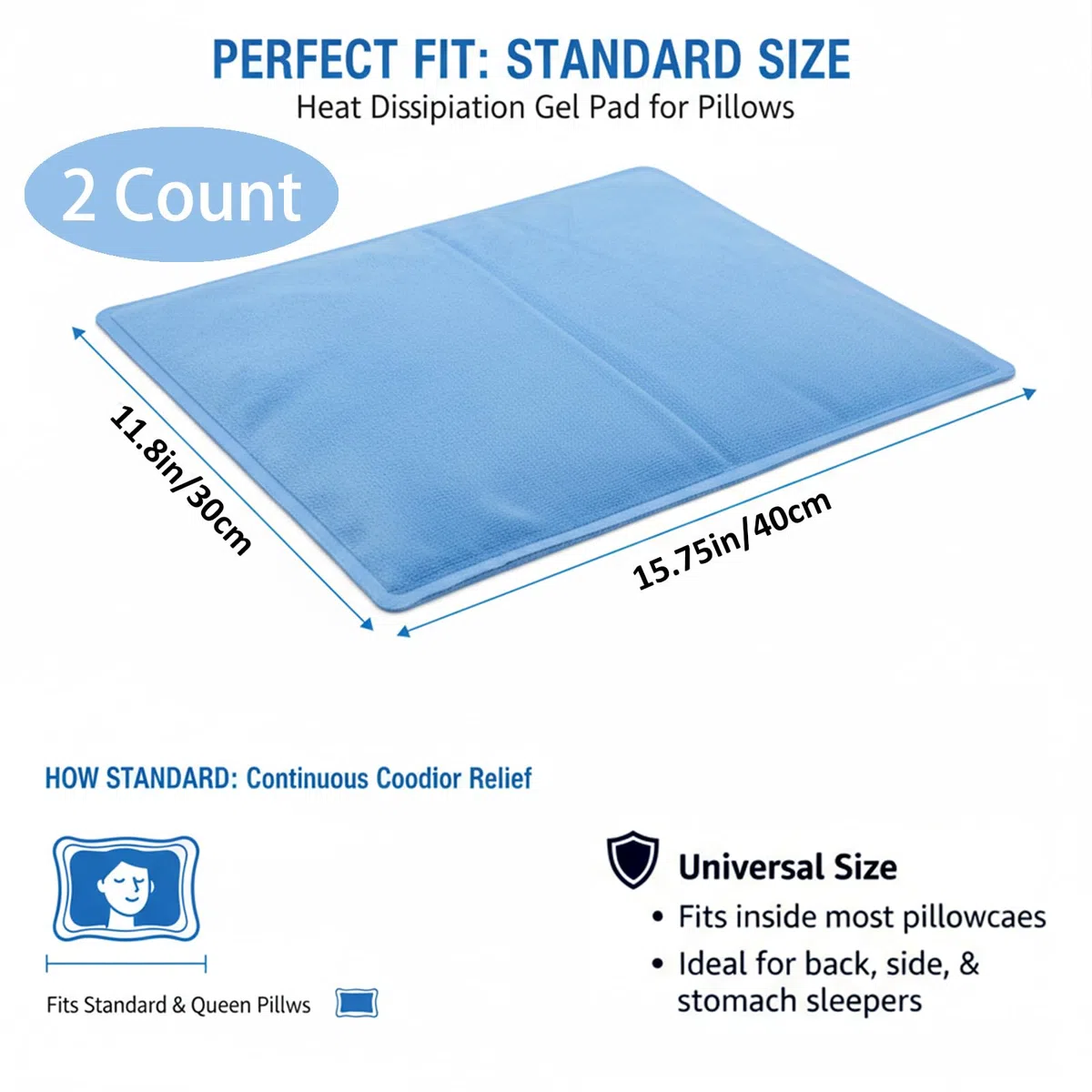 Coussins Rafraîchissants pour Oreiller, Bleu et Blanc, 30 x 40 cm, 1000g, Lot de 2