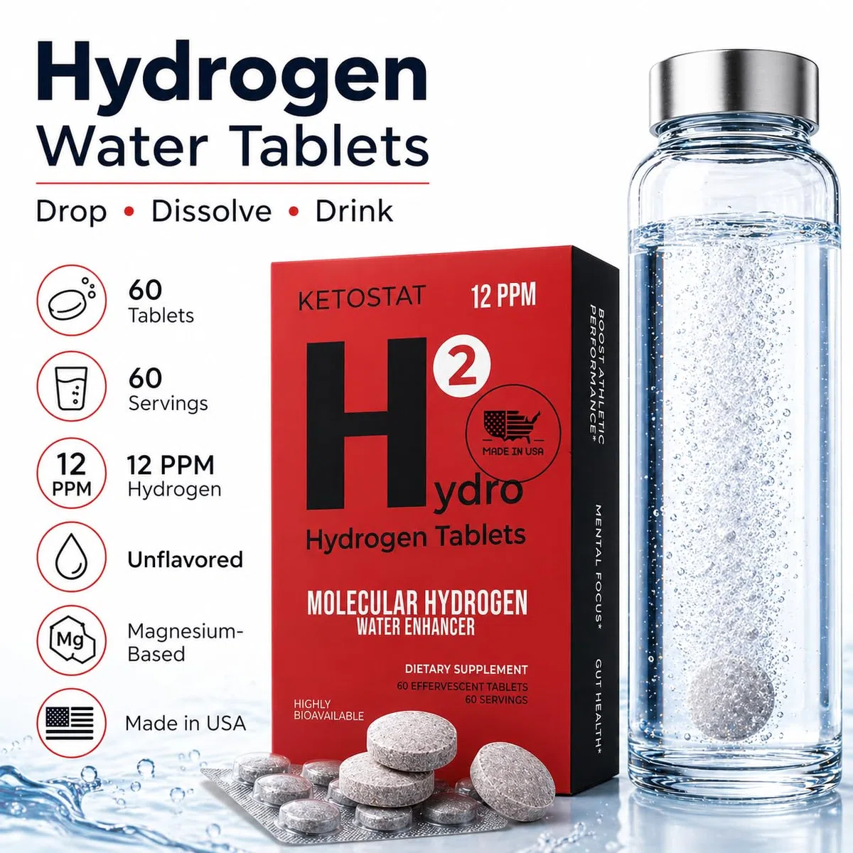 Lot de 60 comprimés d'eau à hydrogène 12 ppm Nanobulles