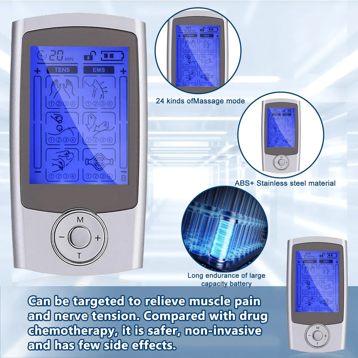 TENS EMS electrostimulateur musculaire, Appareil de thérapie de la douleur TENS rechargeable electrostimulation appareil appareil de thérapie la douleur avec 24 programmes d'entraînement et 2 canaux