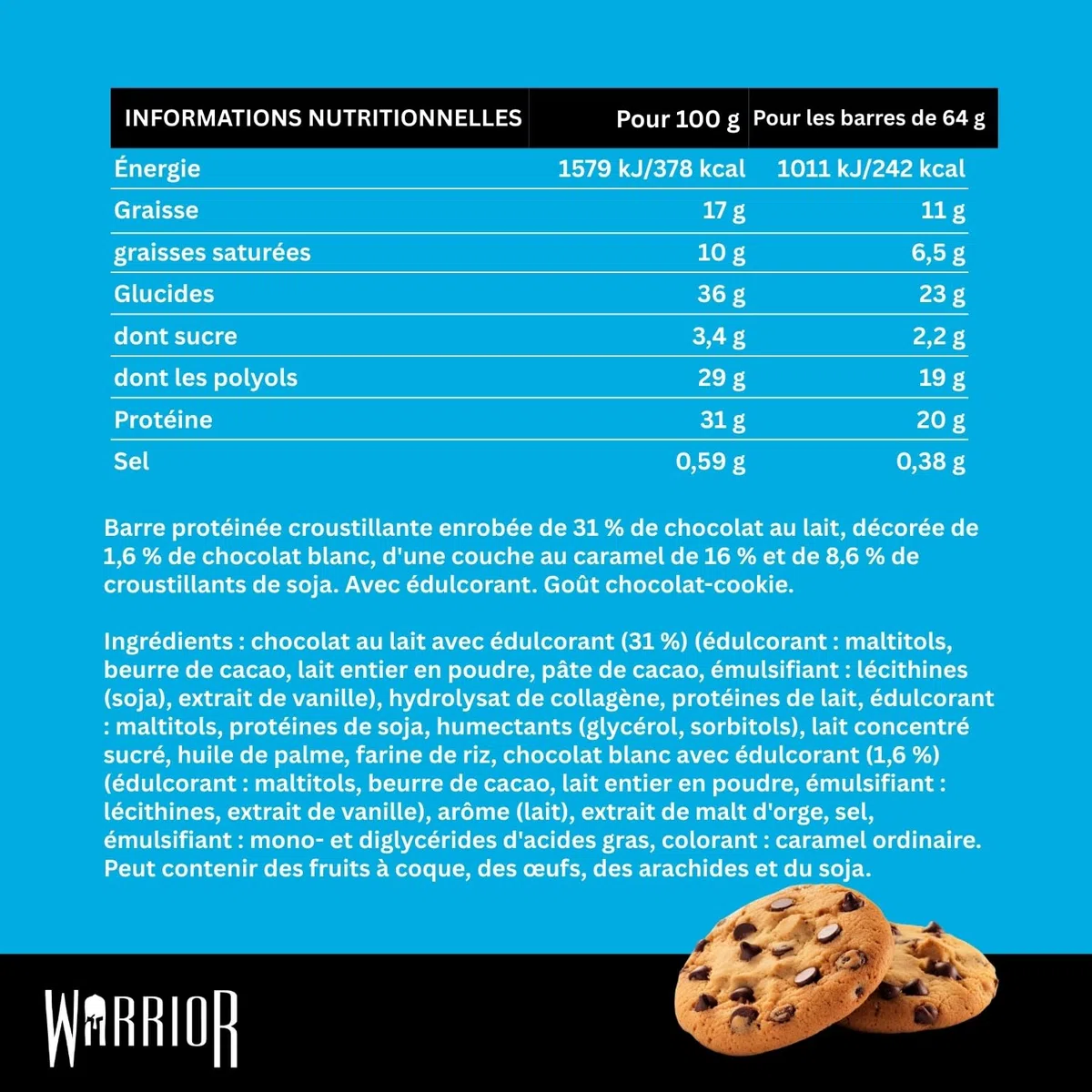 Barres hyperprotéinées Warrior Crunch 20 g - Barre à faible teneur en sucre et en glucides - paquet de 12 x 64 g - incroyablement savoureuse - garantie halal (Pâte à cookies aux pépites de chocolat)