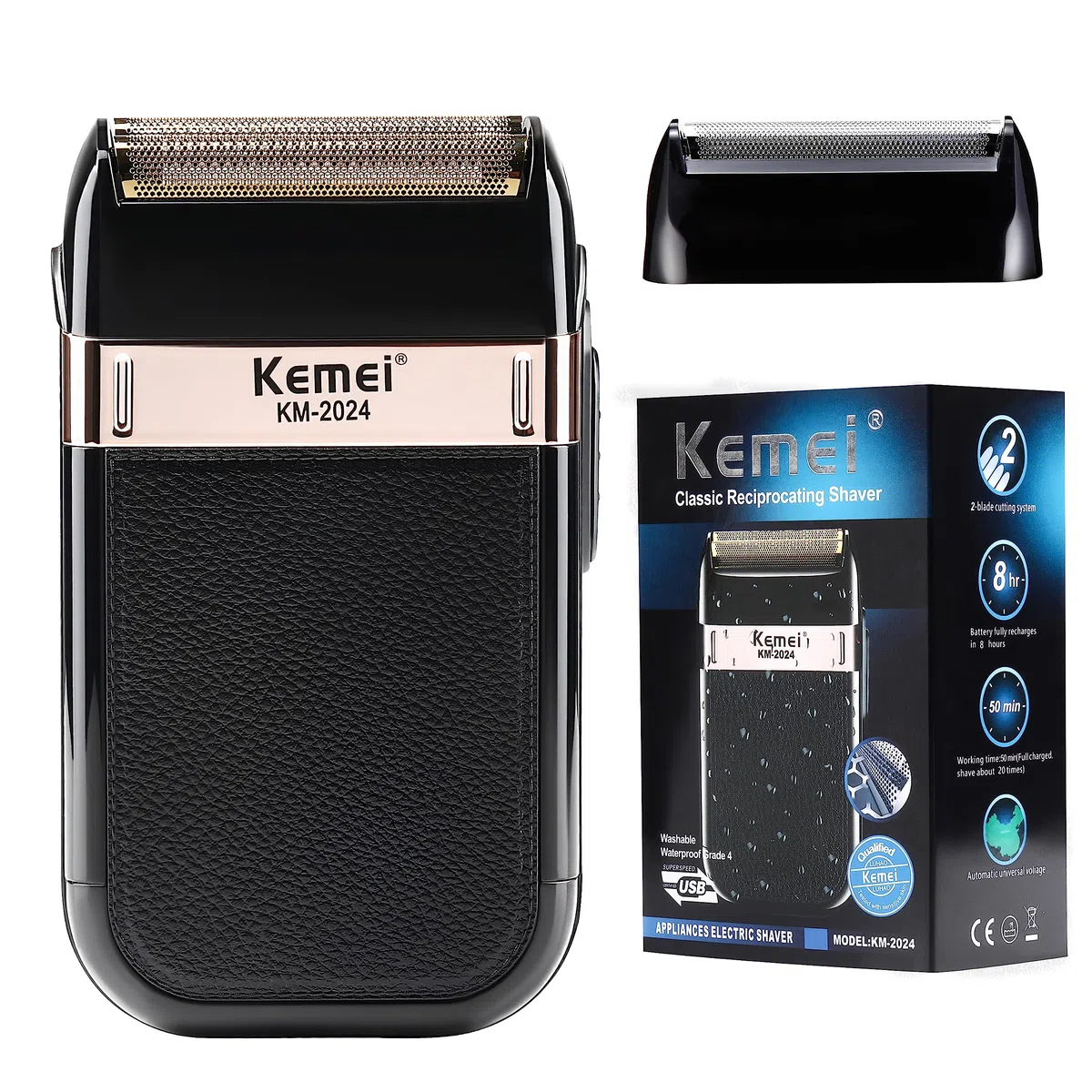 KEMEI Rasoir Électrique Sans Fil et Rechargeable pour Hommes, Idéal pour les Voyages, Shaver Humide et Sec, pour Couper les Cheveux et la Barbe, Cadeau pour Hommes