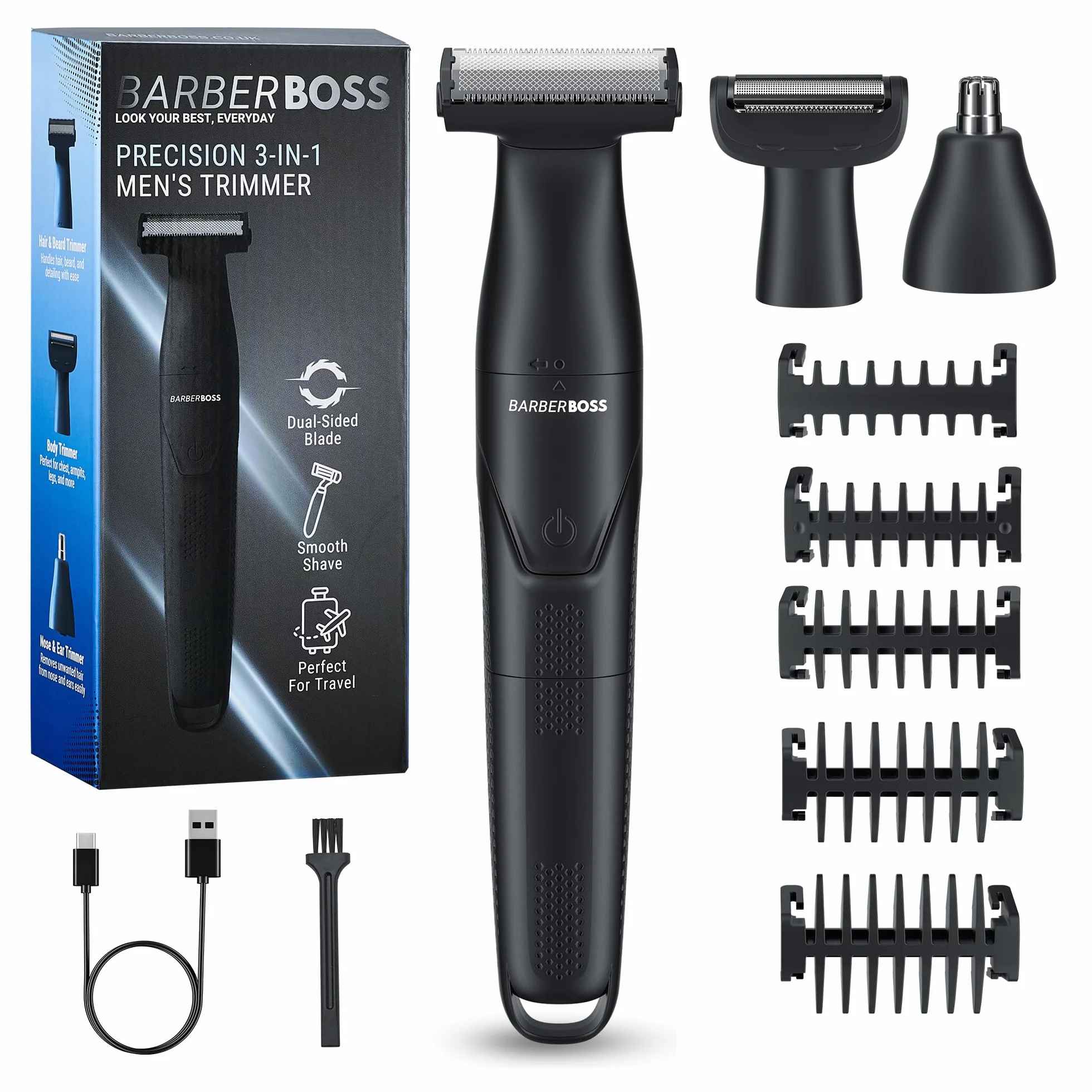 BarberBoss Tondeuse de précision 3-en-1 pour homme, kit de soins pour barbe et cheveux, tondeuse corps, tondeuse nez et oreilles, rasoir sans fil rechargeable avec chargement USB (Noir)