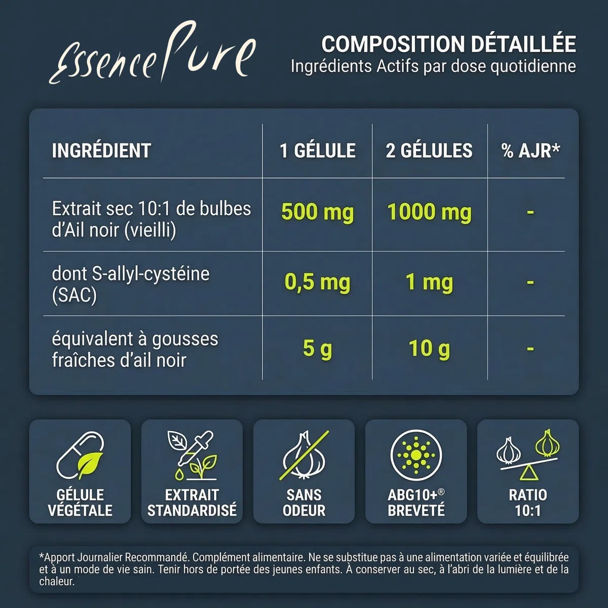 Ail Noir Fermenté 10x Concentré | Extrait d'Ail Noir Vieilli – Standardisé en S-allyl-cystéine | Cœur & Cholestérol | Sans Arrière-Goût | 80 Gélules Vegan | Essence Pure Api-Nature