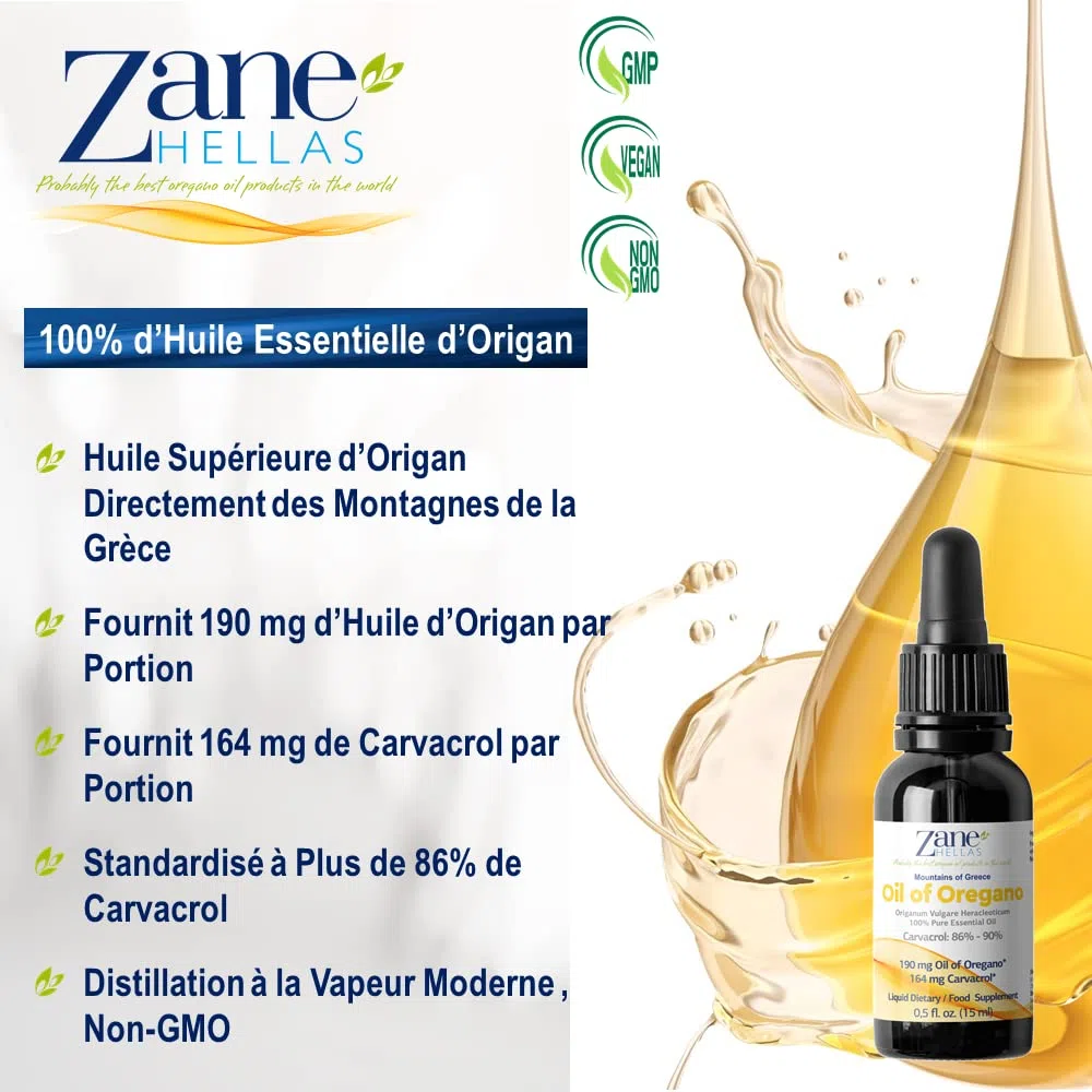 Zane Hellas 100% huile d'origan non diluée.Huile Essentielle Grecque Pure d'Origan.86% Min Carvacrol.164mg de carvacrol par portion.Probablement la meilleure huile d'origan au monde.15ml-0,5oz
