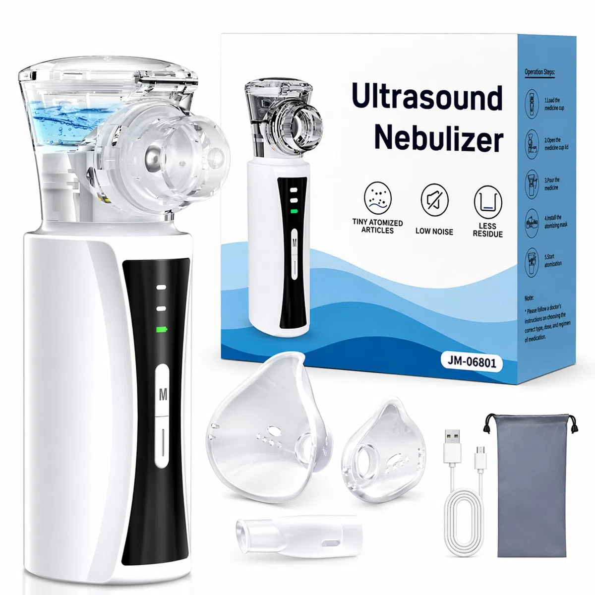 Nebulisateur Portable Silencieux pour Adultes et Enfants | Inhalateur Nébuliseur Aérosol Rechargeable par Câble USB avec 2 Masques et Embout Buccal