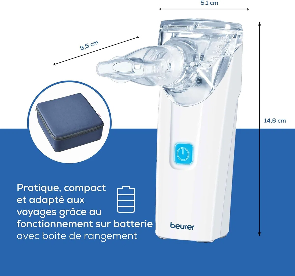 Beurer IH 55 Nébuliseur avec technologie de membrane vibrante, portable et silencieux, fonction d'auto-nettoyage, inhalateur pour traitement des maladies des voies respiratoires