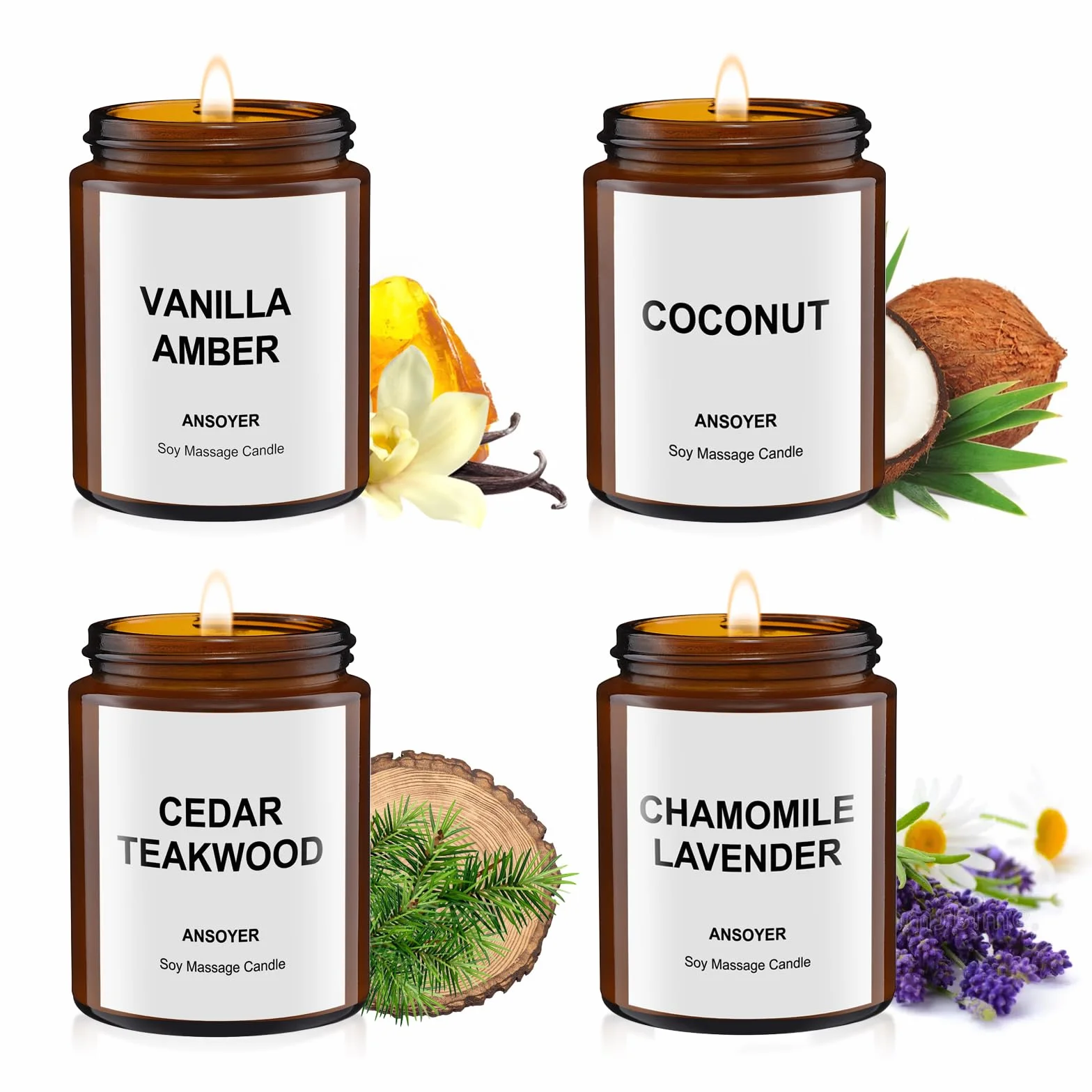 4Pcs x 128g, Ansoyer Bougie de massage, cire de soja naturel, pour un poids total de 512 g (Vanille Ambre + Noix de coco + Bois de teck de cèdre + Camomille lavande)
