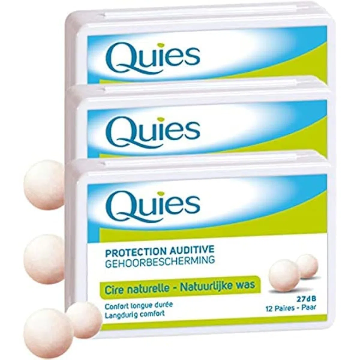 Quies - Boules Quies de Protection Auditive à la Cire Naturelle - Lot de 3 Boites de 24 Boules (3)