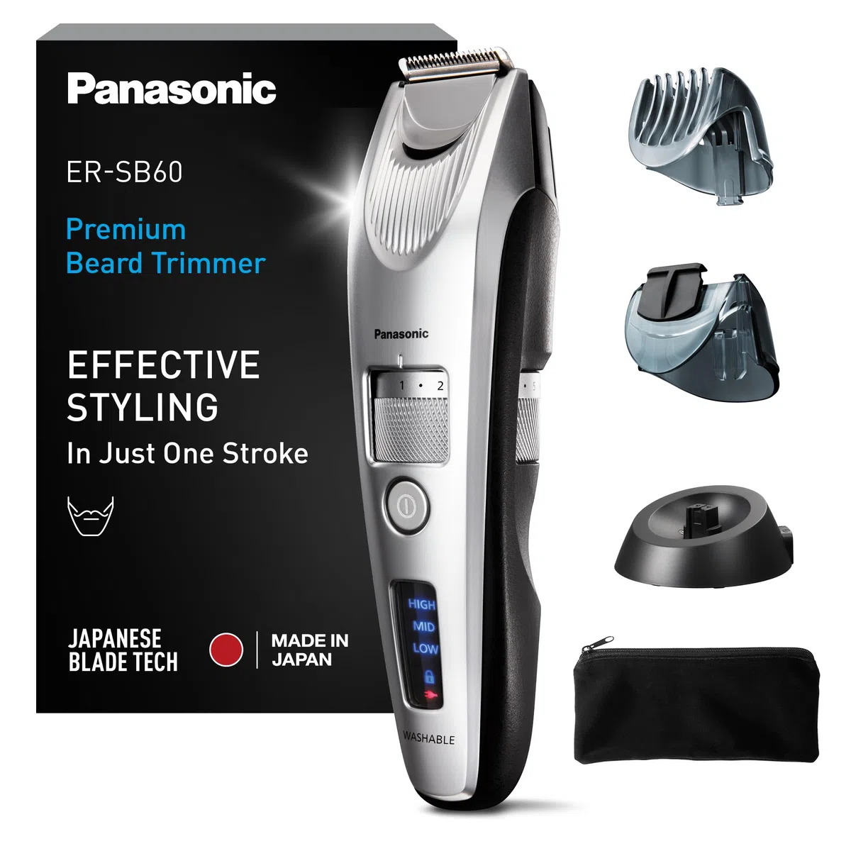 Panasonic ER-SB60S-803 Tondeuse à Barbe pour Hommes, Portable Sans Fil Étanche, 20 réglages de longueur, 2 Accessoires, Embout de Détail, Sans Fil et Filaire, Socle de Chargement, Argenté