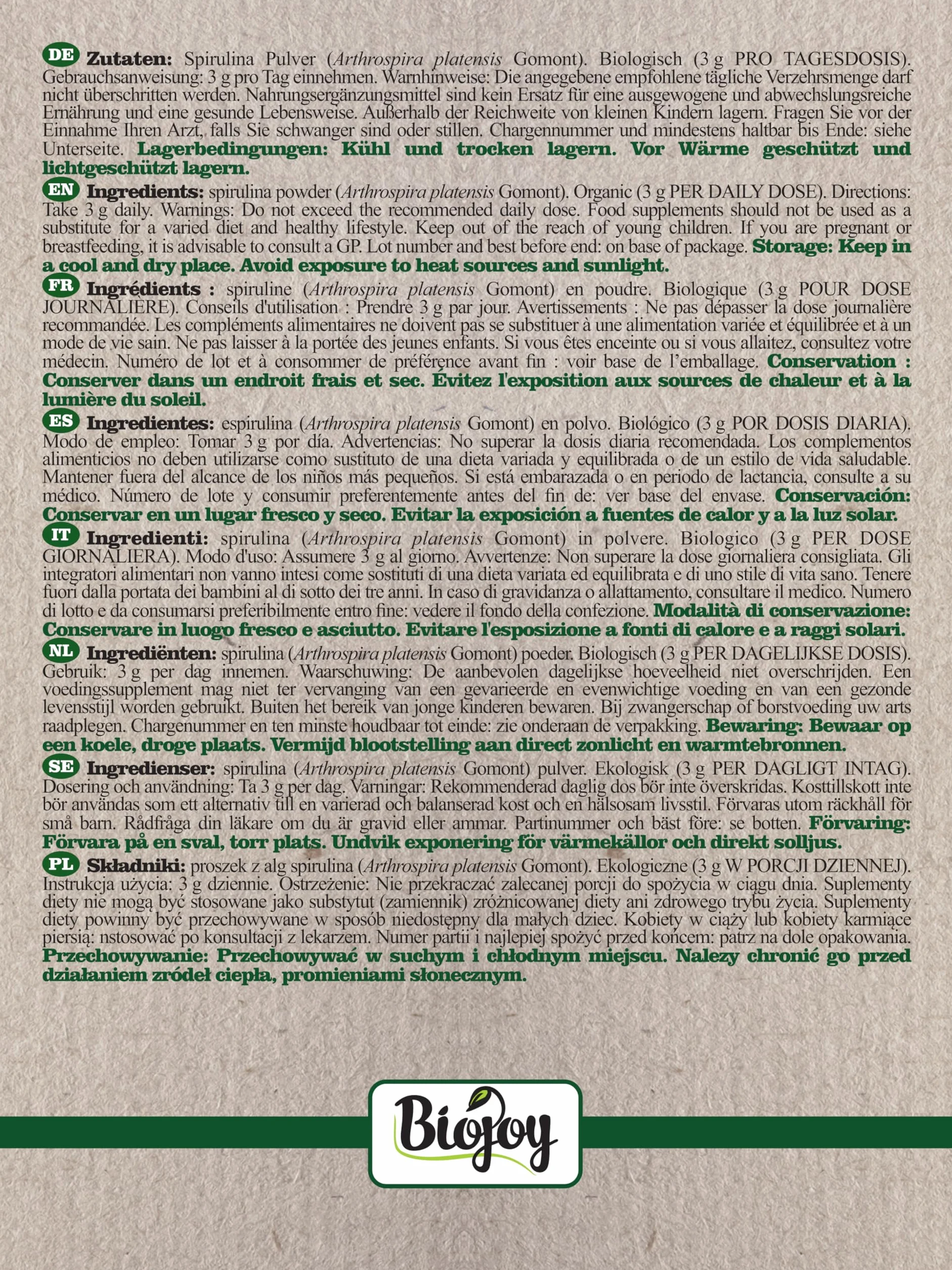 Biojoy Spiruline en poudre BIO (1 kg), sans additifs (Arthrospira platensis)