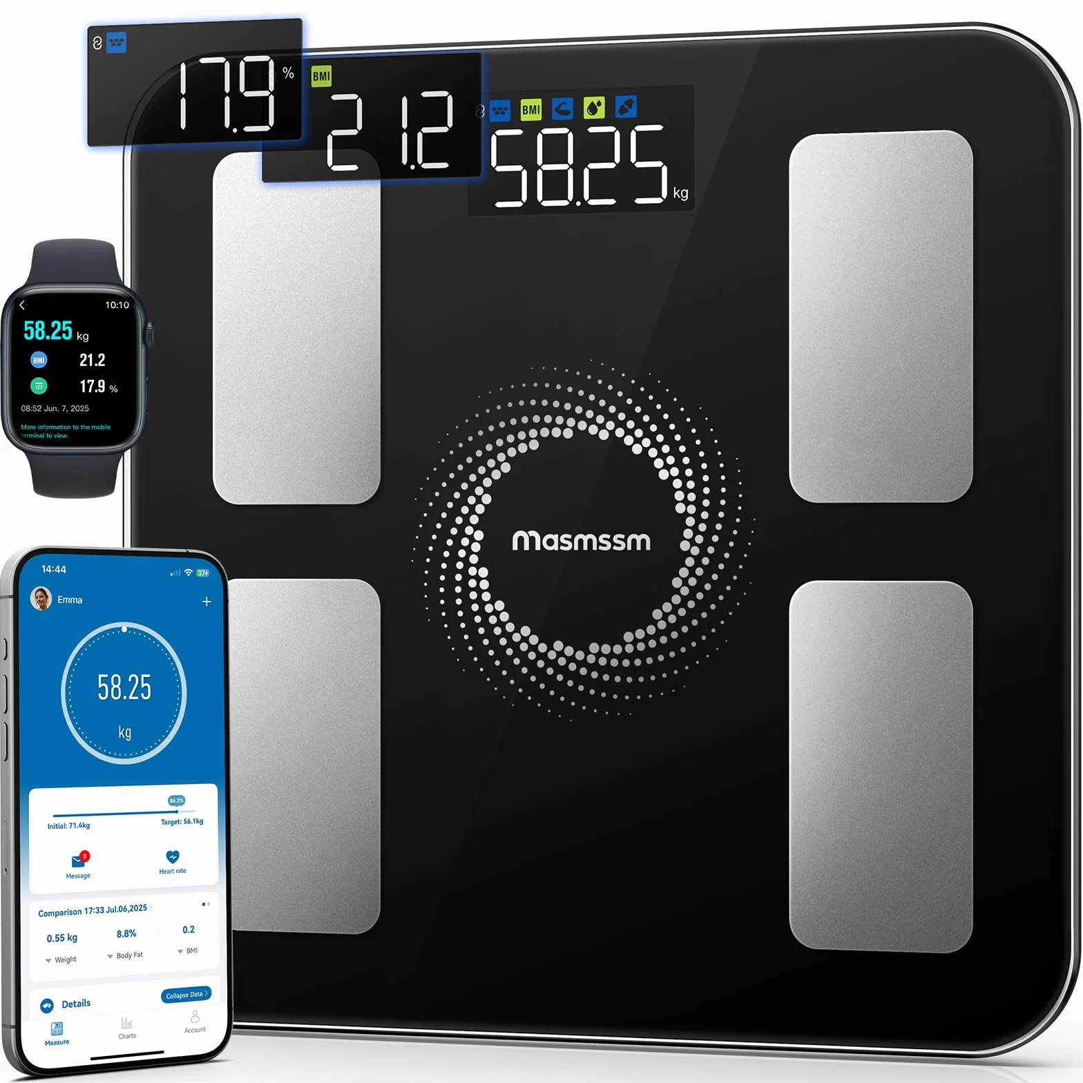 Balance Pèse-Personne, Balance Connectée Impédancemètre Écran Couleur 6-en-1 Défilant, 20 Indicateurs, IMC, Graisse Corporelle Pour iOS & Android, Max. 180kg/ 400lb