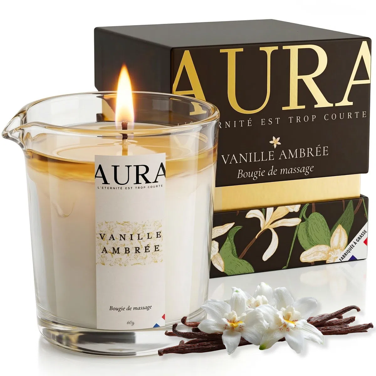 Bougie de Massage AURA Premium Vanille Ambrée | Fabriquée à Grasse | Cire d’Abeille & Soja, Huile de Coco | Se Transforme en Huile de Massage Nourrissante, Soin Corps Relaxant | Idée Cadeau