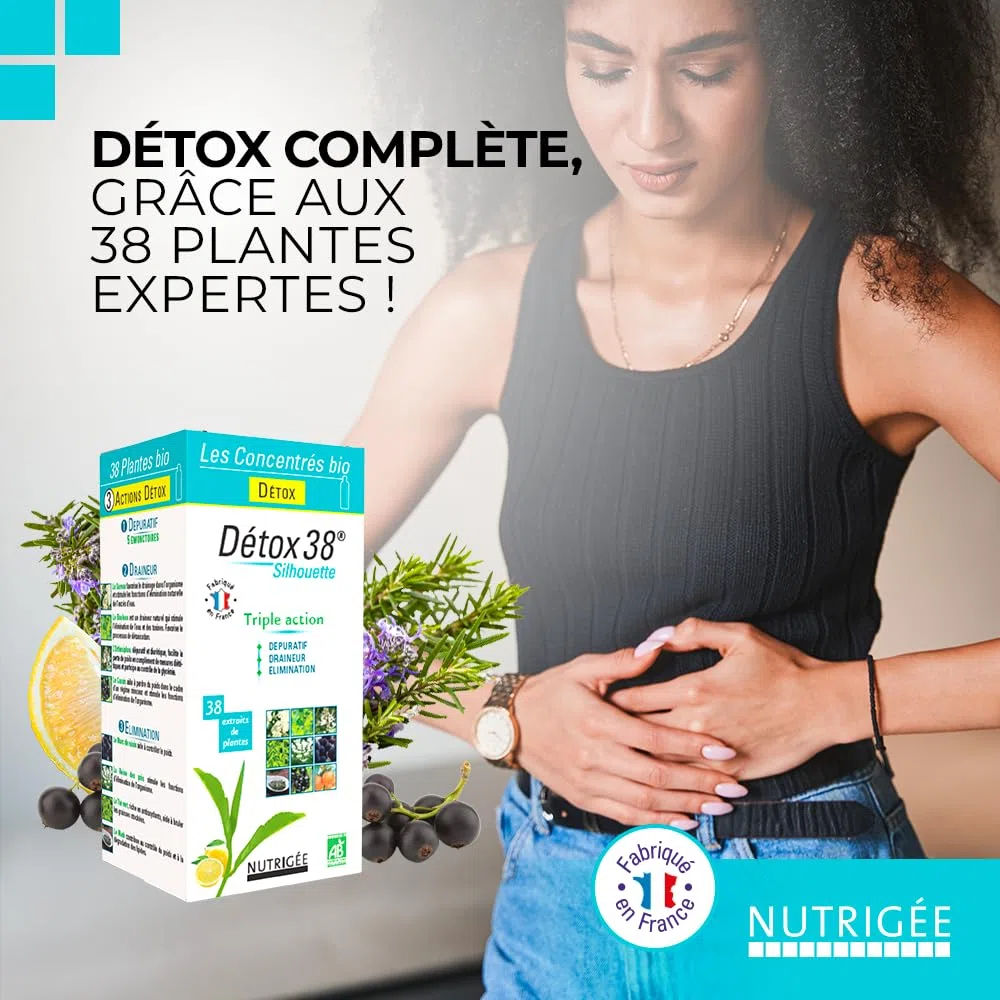 NUTRIGÉE - Détox 38 - Boisson Concentrée Bio - Triple Action - Drainage, Élimination et Purification – 30 Plantes Bio – Anti-Rétention d’Eau et Anti-Cellulite – Complément Liquide Naturel – 300 ml