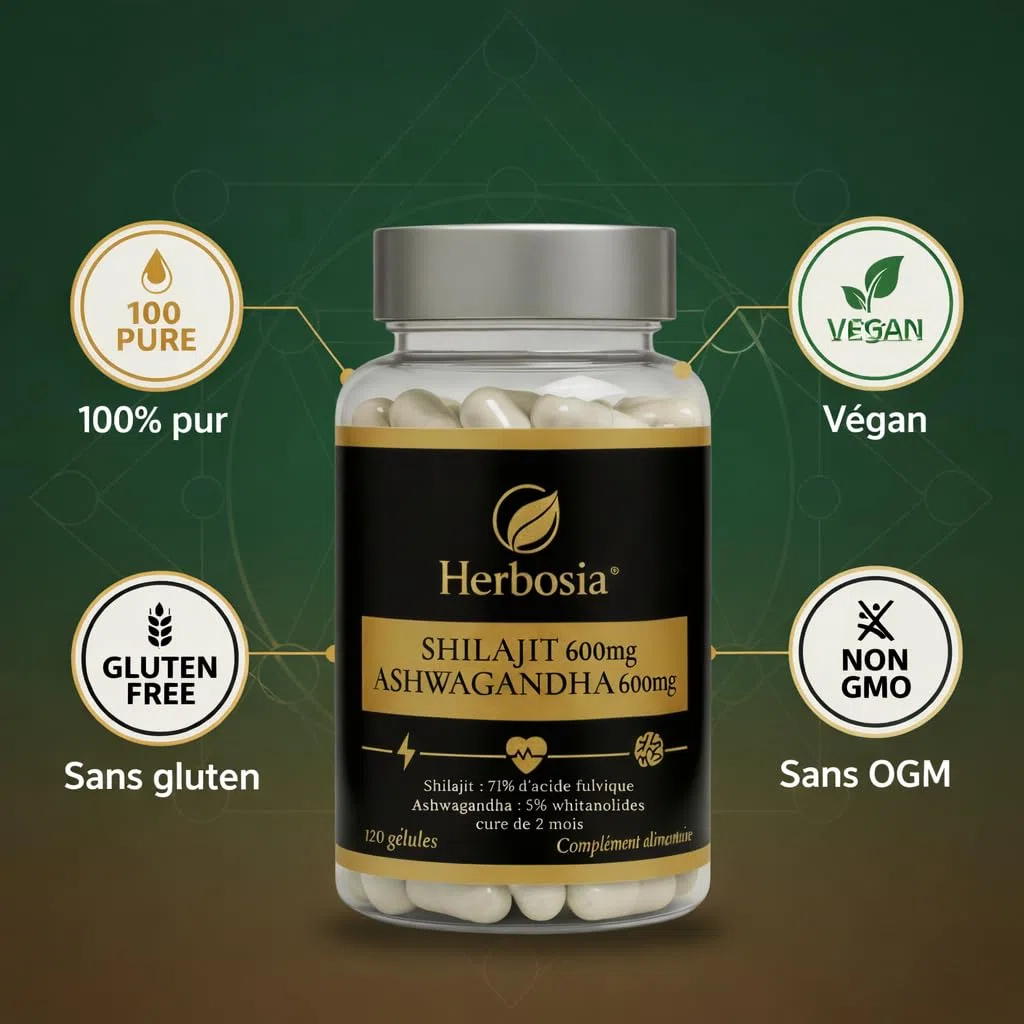 Shilajit 600 mg + Ashwagandha 600 mg – Complément Ayurvédique Origine Himalaya | 71% Acide Fulvique & Oligo-Éléments Naturels | Énergie, Vitalité & Anti-Stress | 120 Gélules