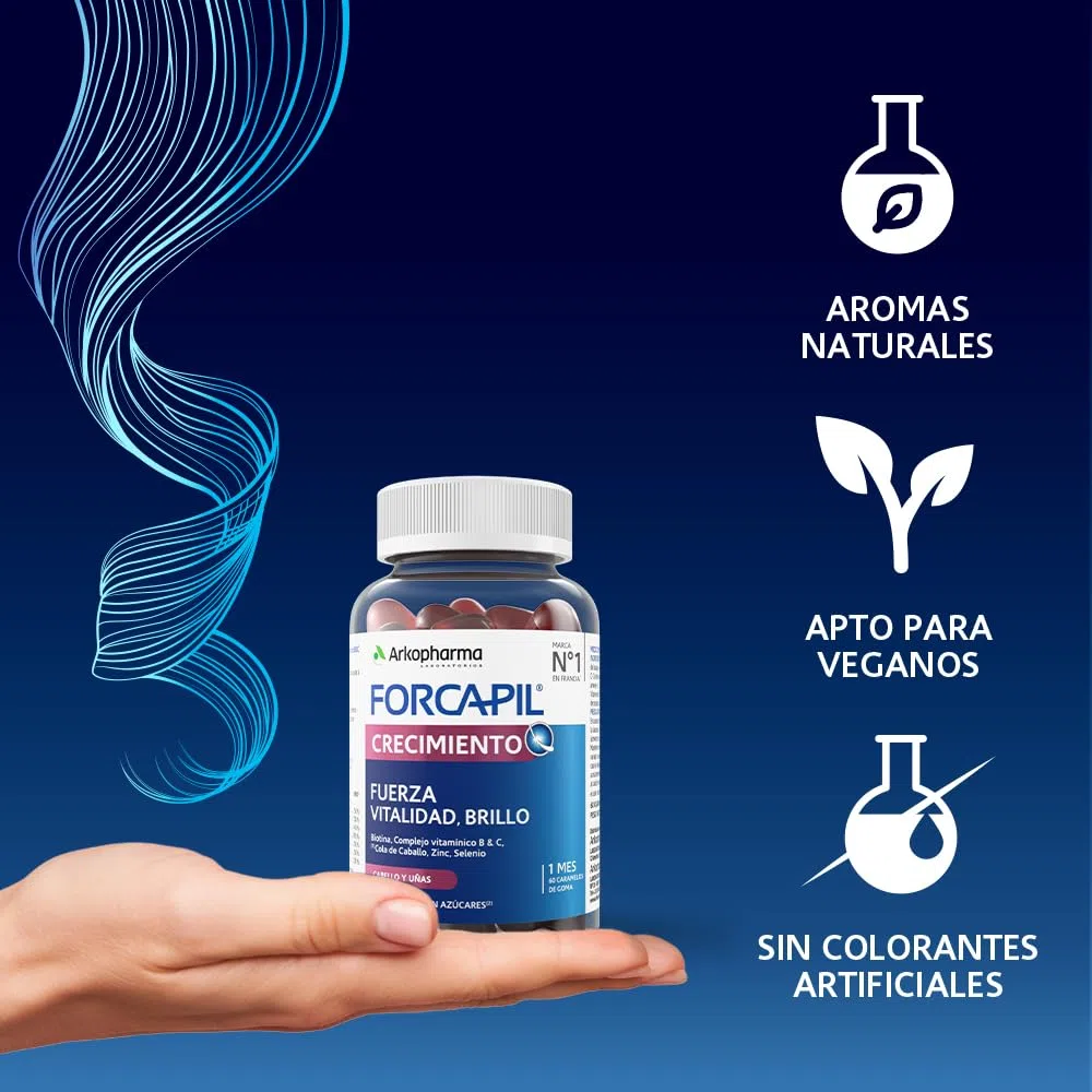 Arkopharma Forcapil Croissance, 60 gummies, Caramètres en caoutchouc Saveur fruits Rouge, Force, Vitalité et Brillant, Haute Concentration en biotine, Vitamine B et C, complément alimentaire