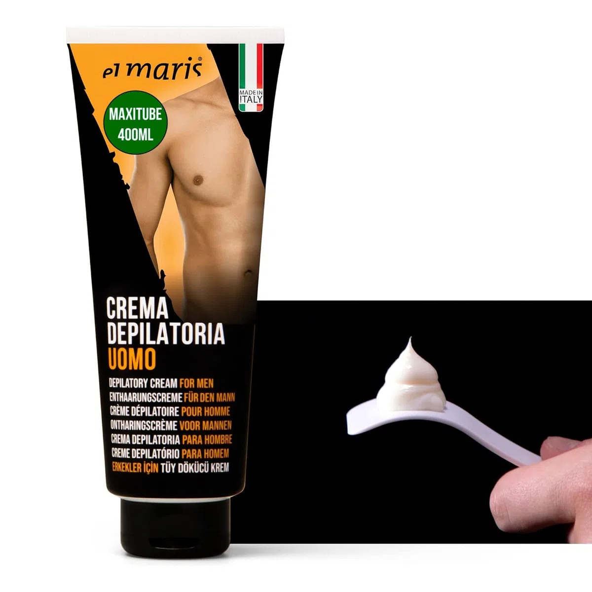 ELMARIS - Crème Dépilatoire pour Homme - Ultrarapide, apaisante - avec Beurre de Karité et Bisabolol - Pour les Zones Intimes et le Corps - Pack Maxi 400ml