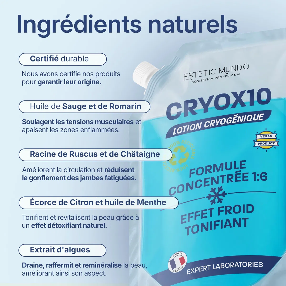CRYOX10 Lotion Cryogénique Concentrée 1:6 – Cryothérapie Pro et à Domicile | Effet Froid Immédiat, Anti-Cellulite, Draineur | Jambes Lourdes, Muscles Fatigués | En Spray, Gaze, Bande (250)