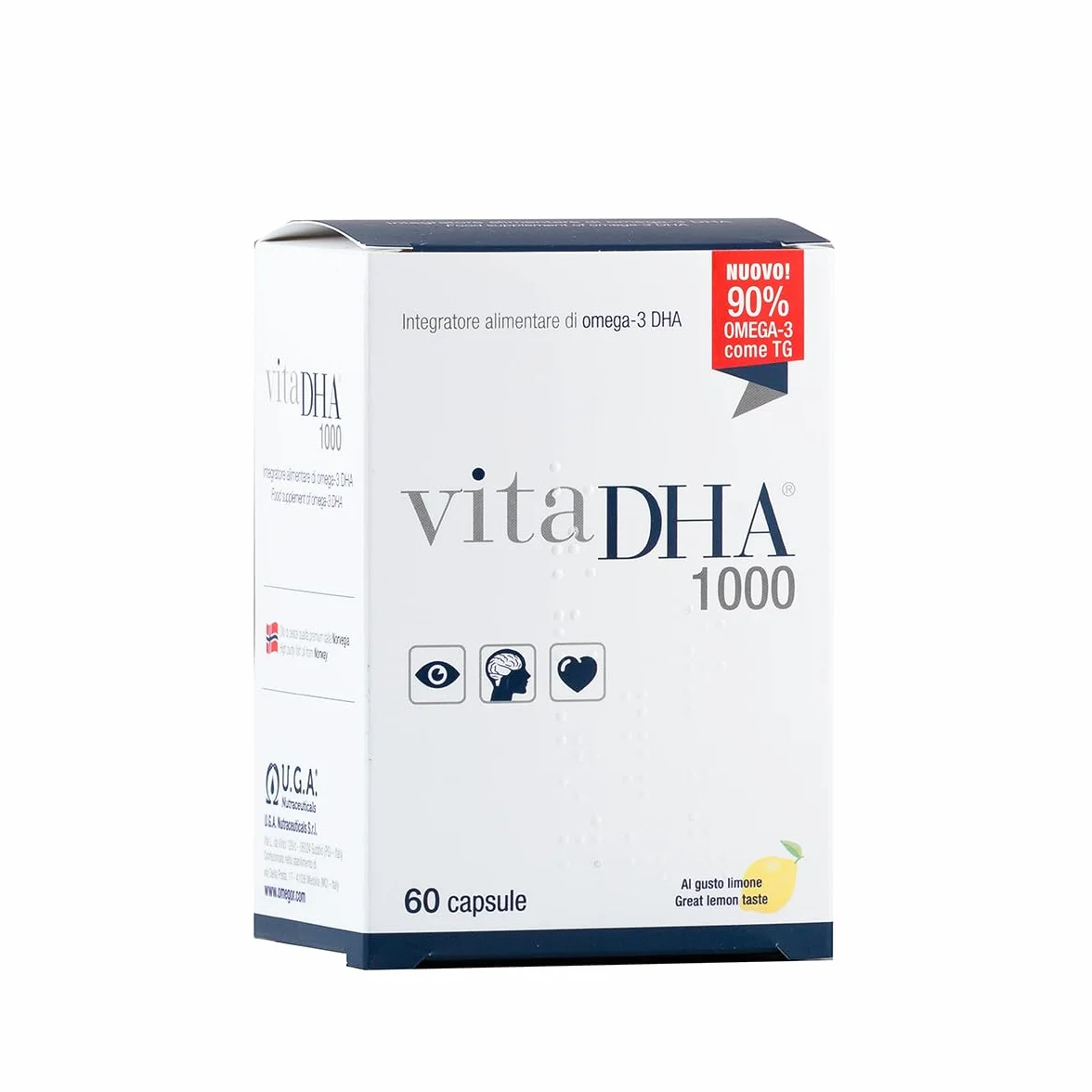 VitaDHA 1000 – Omega -3 Supplément alimentaire DHA - précieux pendant la grossesse et l'allaitement - alliée pour la santé du cerveau, cœur et vision - Saveur de citron - 60 gélules