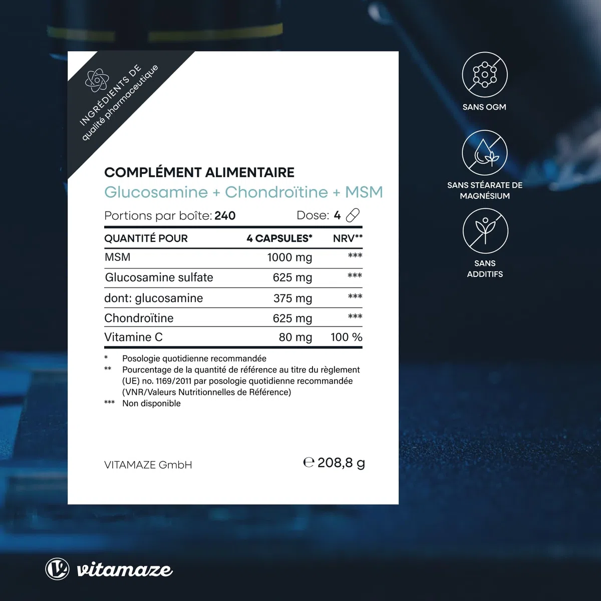 Glucosamine Chondroïtine avec MSM et Vitamine C 2250mg - Complexe pour les Articulations 240 Gelules - Complément Alimentaire Naturel sans Additifs